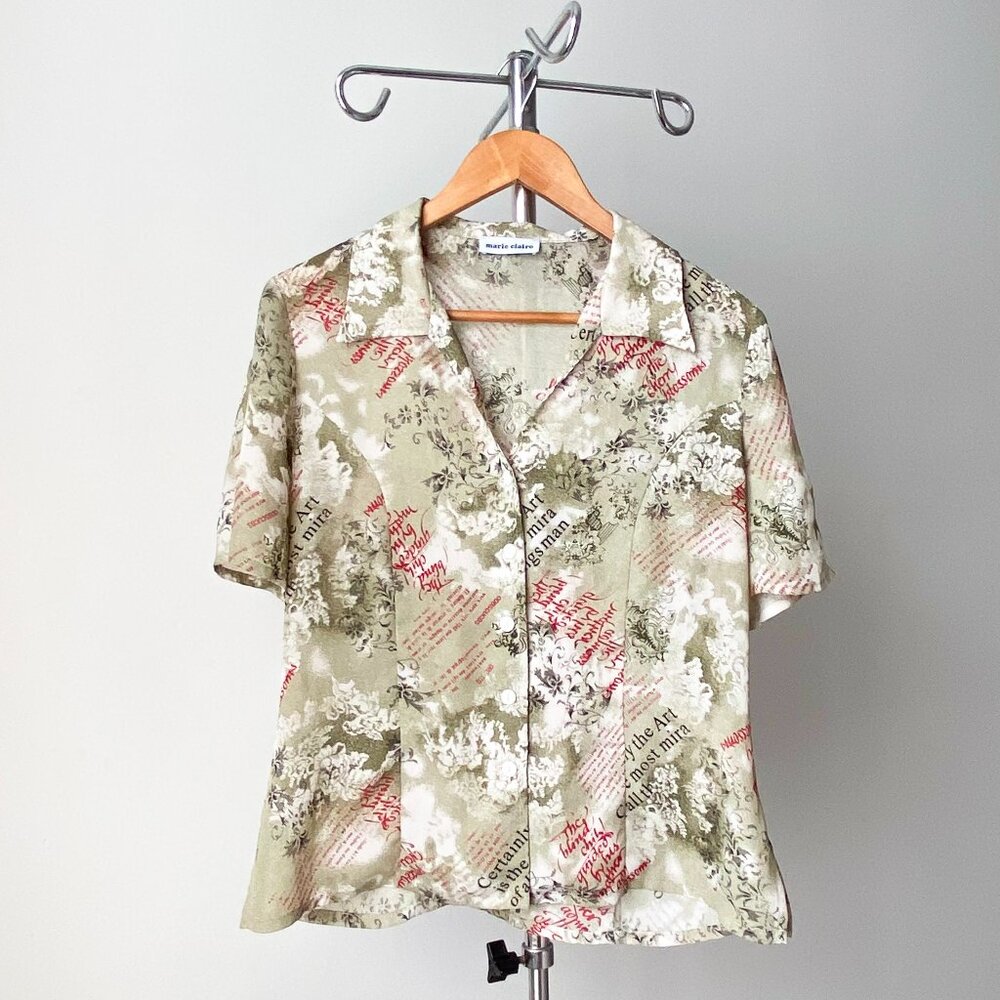 🌿90s Vintage Sage Green Abstract Print Short Sleeves Shirt by Marie Claire